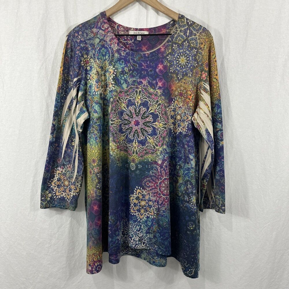 Jess & Jane Colorful Artsy 3/4 Sleeve Tunic Top Women’s Sz XL Boho Hippie